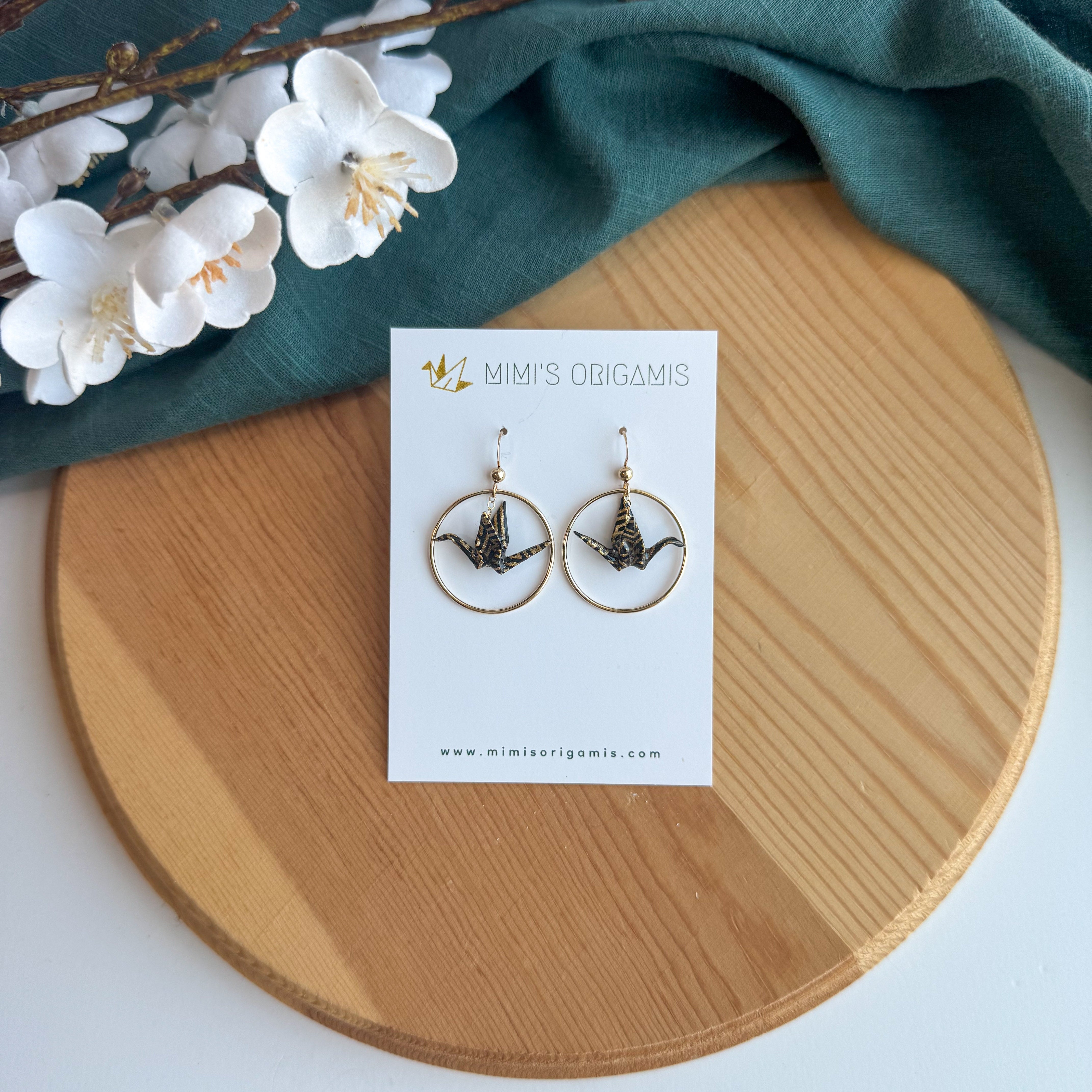 Hoop crane earrings - black/gold