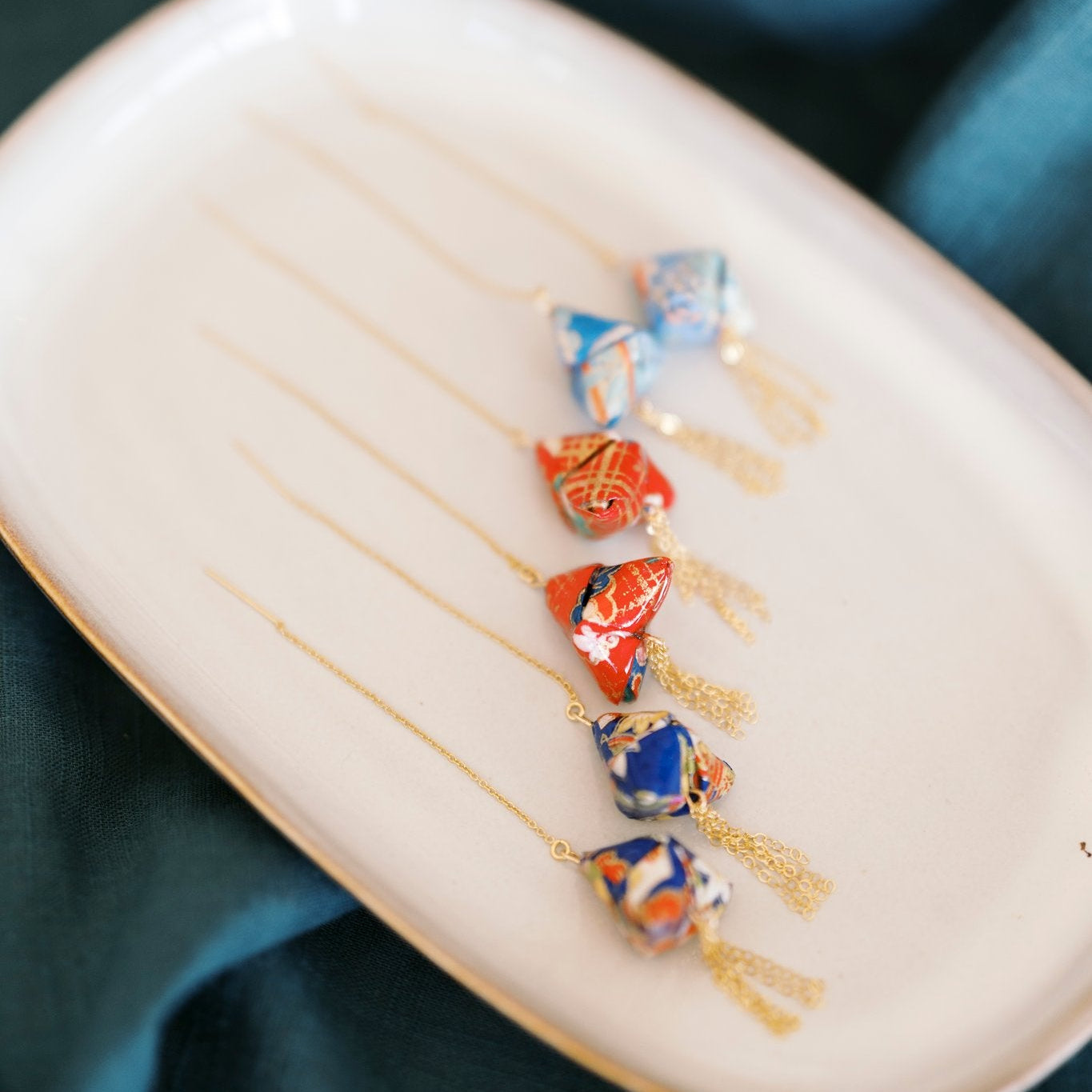Decorative threaders on a plate with a teal fabric background