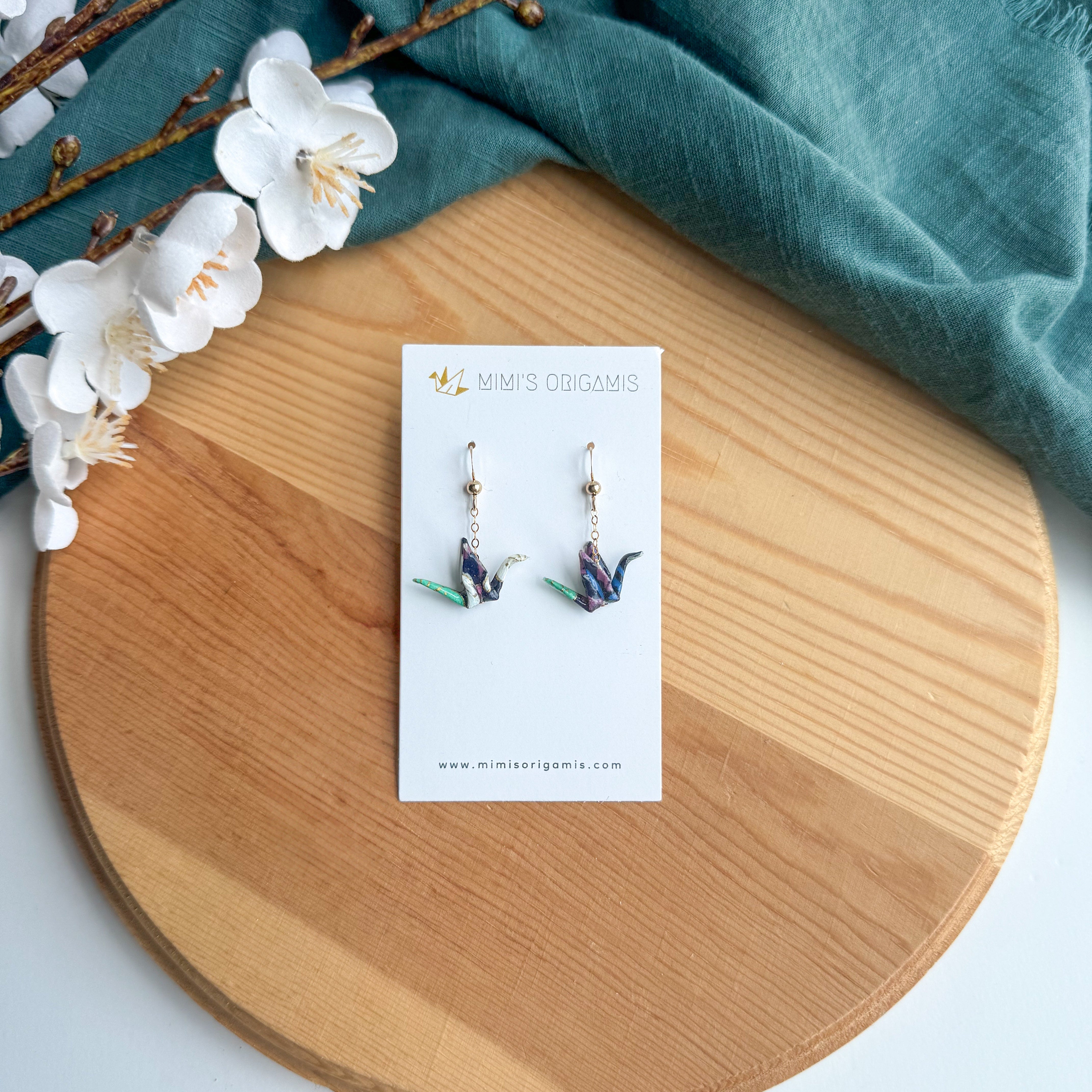 Tiny crane earrings - purple/teal